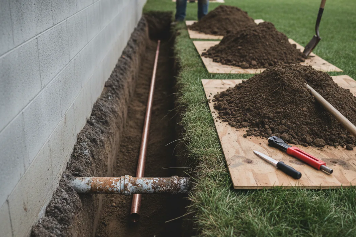 Excavated water line trench during Water Softener Installation in Falls City
